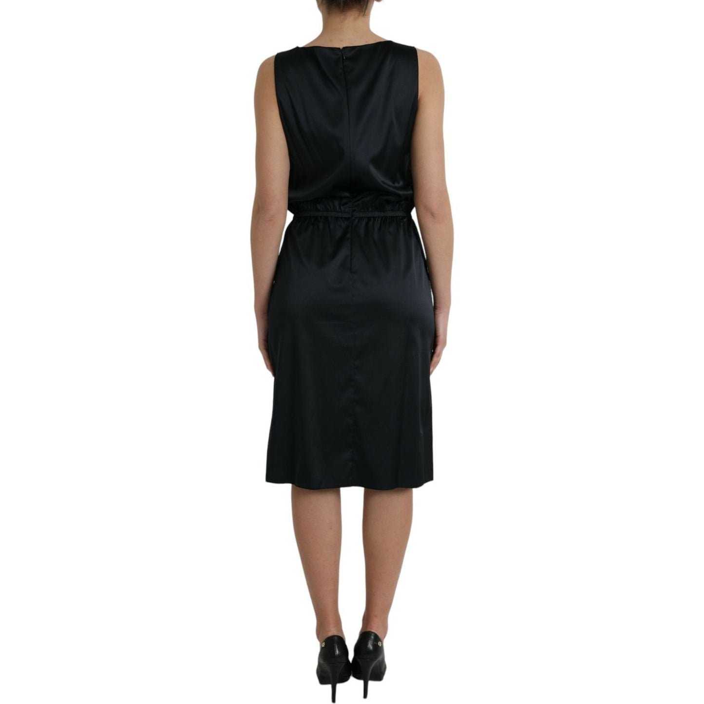 Dolce & Gabbana Black Polyester Lace Trim Sheath Midi Dress Dolce & Gabbana