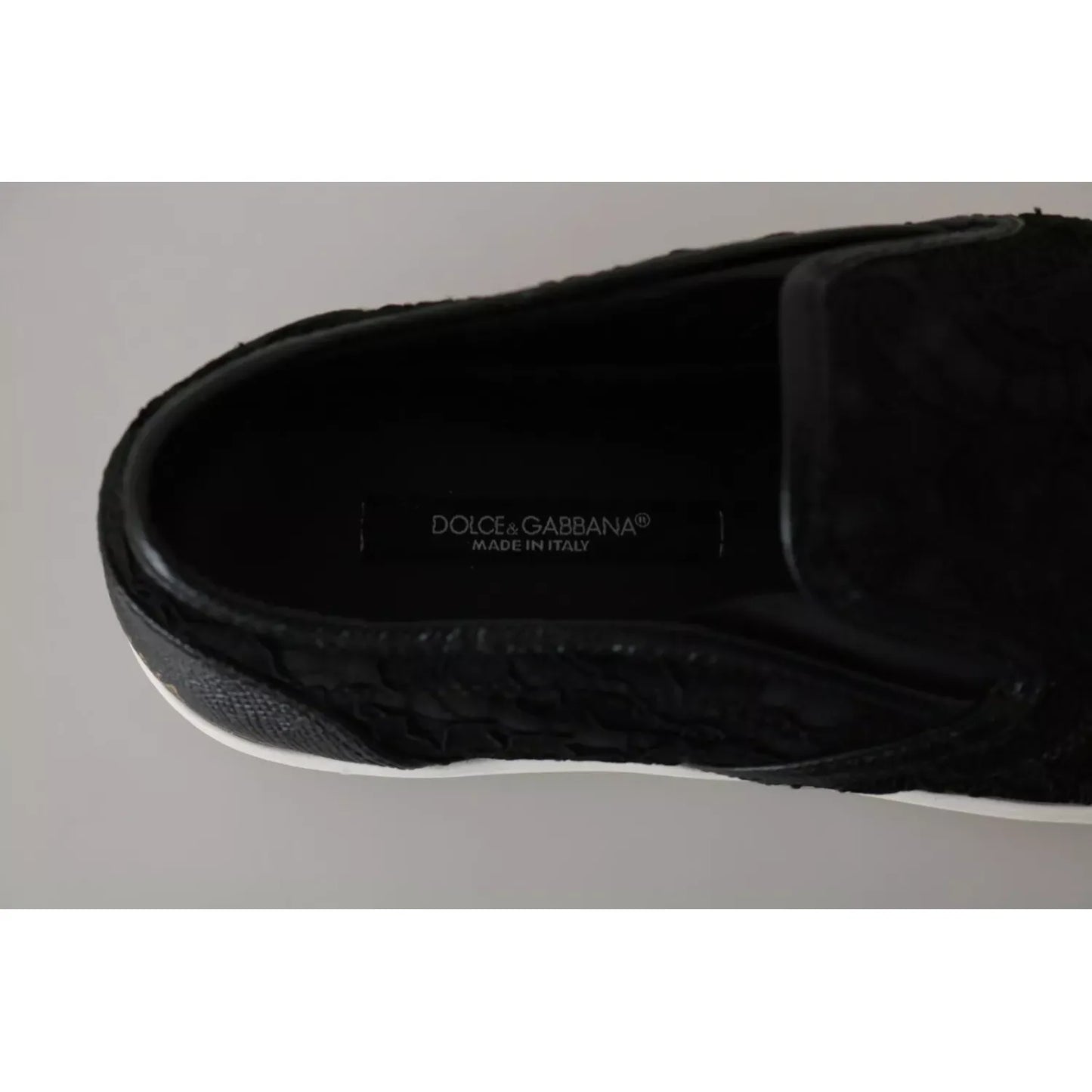 Dolce & Gabbana Black Lace Leather Logo Flat Slip-On Sneakers