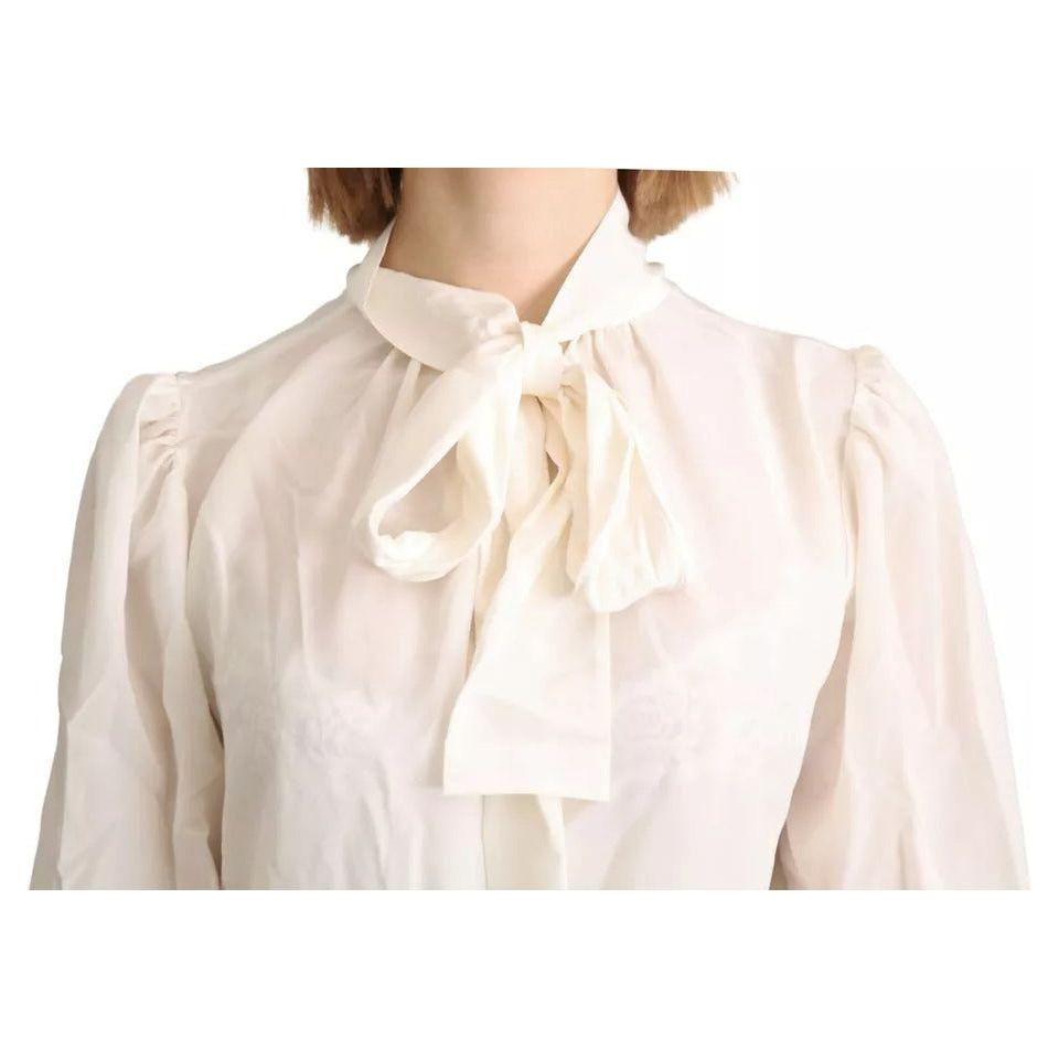 Dolce & Gabbana Off White Scarfneck Long Sleeves Blouse Silk Top Dolce & Gabbana