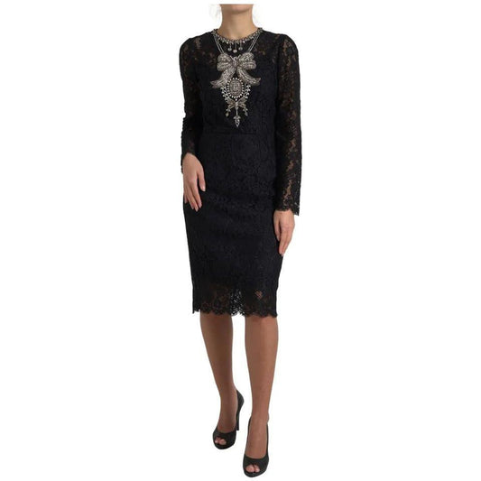 Dolce & Gabbana Black Nylon Lace Embellished Sheath Dress Dolce & Gabbana