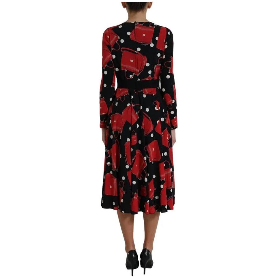 Dolce & Gabbana Black Sicily Bag Print Flared Midi Dress Dolce & Gabbana