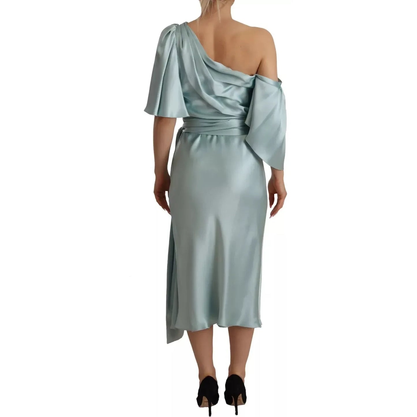 Dolce & Gabbana Silk Mint Green Fit Cut One Shoulder Midi Dress Dolce & Gabbana