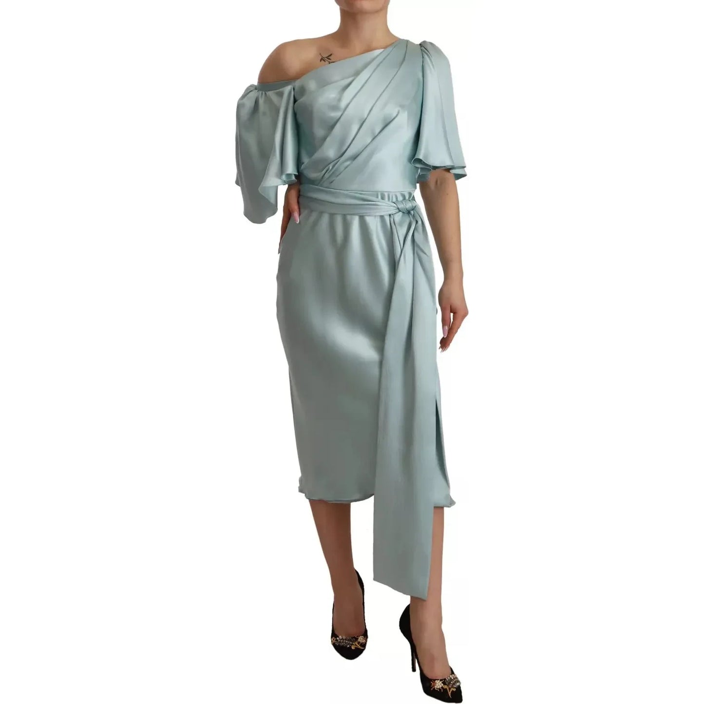 Dolce & Gabbana Silk Mint Green Fit Cut One Shoulder Midi Dress Dolce & Gabbana