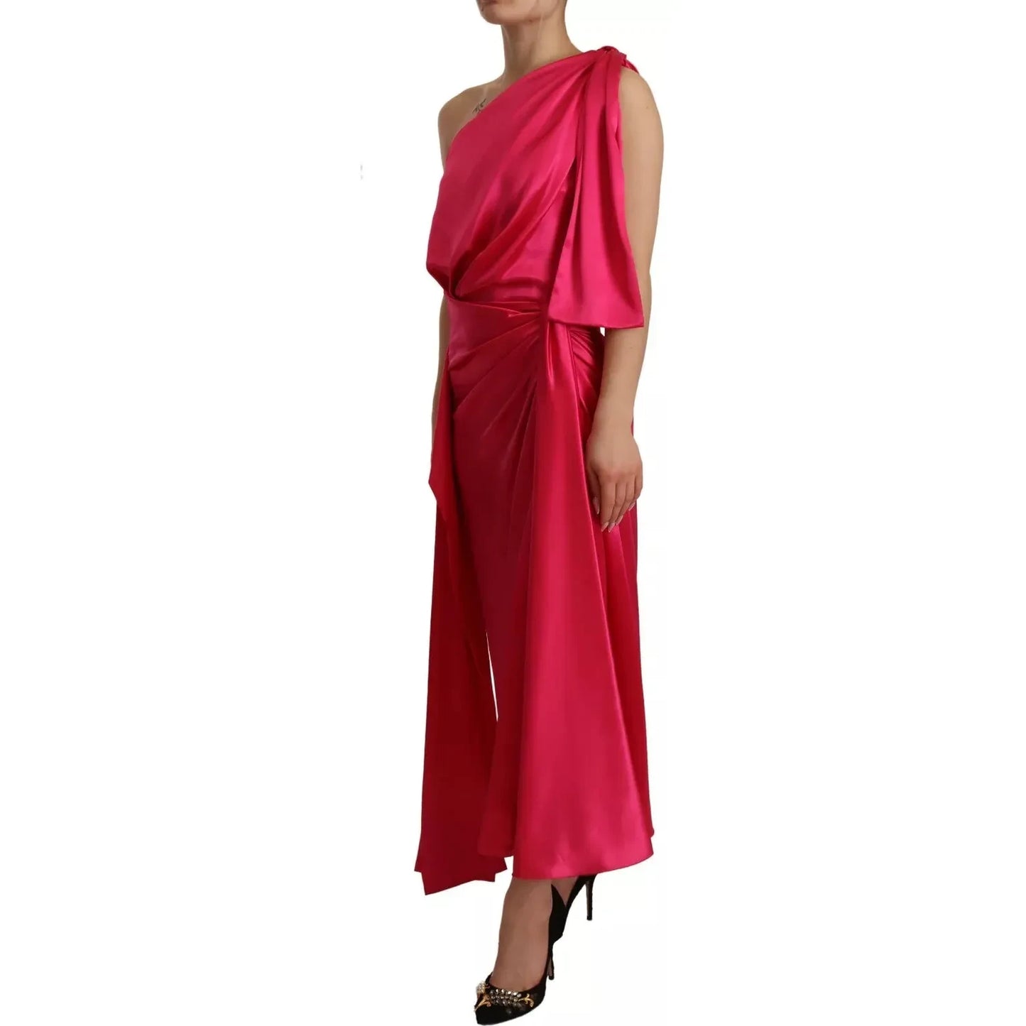 Dolce & Gabbana Silk Pink Fitted Cut One Shoulder Midi Dress Dolce & Gabbana Brown