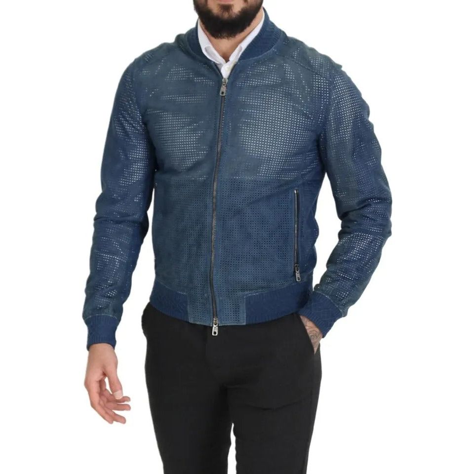 Dolce & Gabbana Blue Leather Perforated Full Zip Jacket Dolce & Gabbana