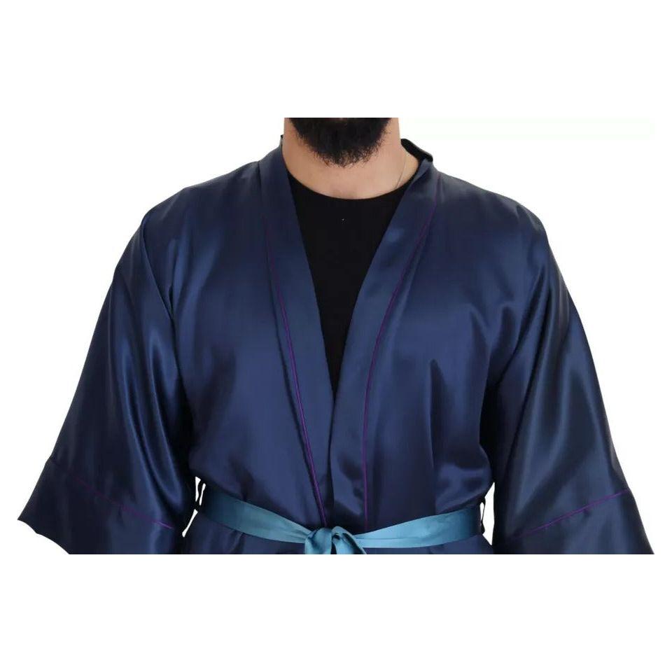 Dolce & Gabbana Blue Satin Silk Waist Belt Robe Jacket