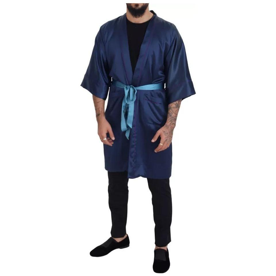 Dolce & Gabbana Blue Satin Silk Waist Belt Robe Jacket