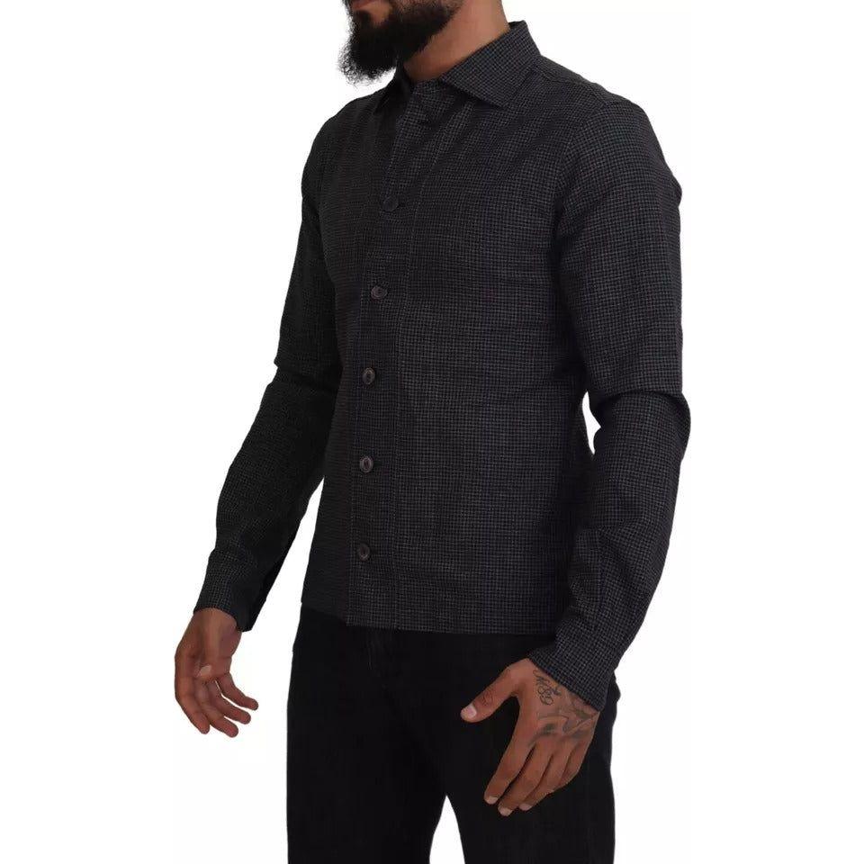 Dolce & Gabbana Black Gray Checkered Long Sleeves Collared Casual Shirt Dolce & Gabbana