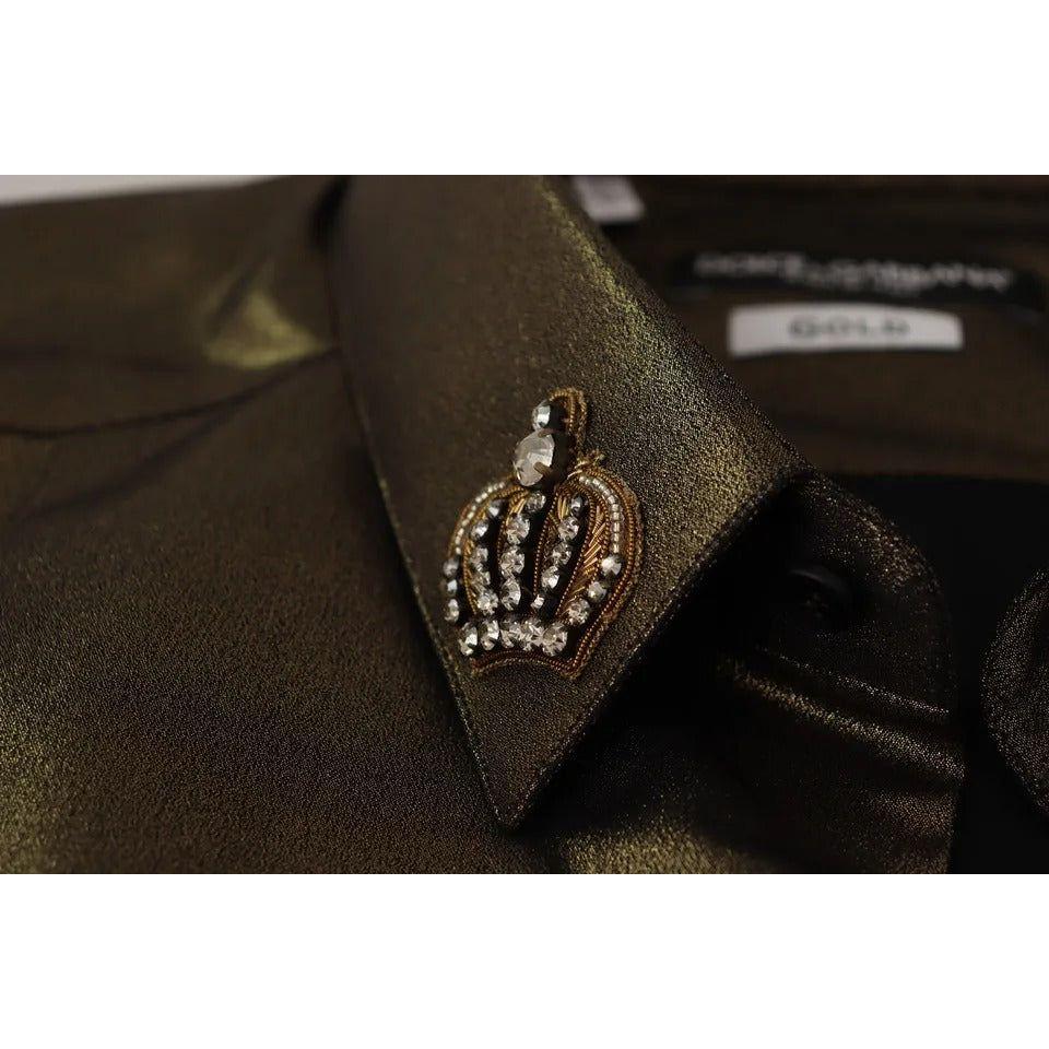 Dolce & Gabbana Metallic Gold DG Embroidered Crown Silk Top Shirt Dolce & Gabbana Black