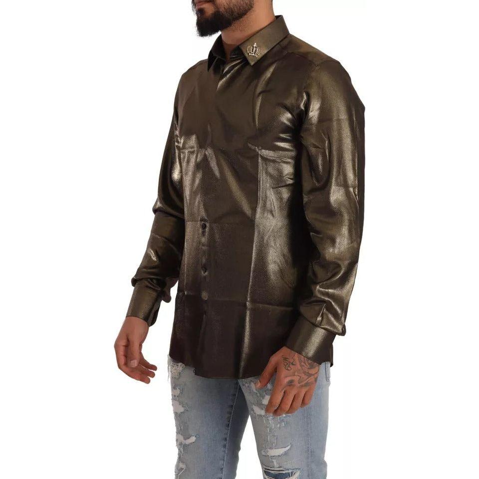 Dolce & Gabbana Metallic Gold DG Embroidered Crown Silk Top Shirt Dolce & Gabbana Dark Slate Gray