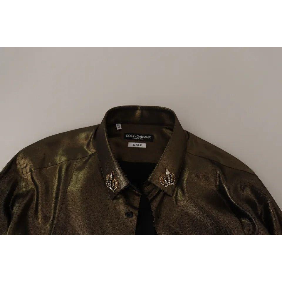 Dolce & Gabbana Metallic Gold DG Embroidered Crown Silk Top Shirt Dolce & Gabbana Black