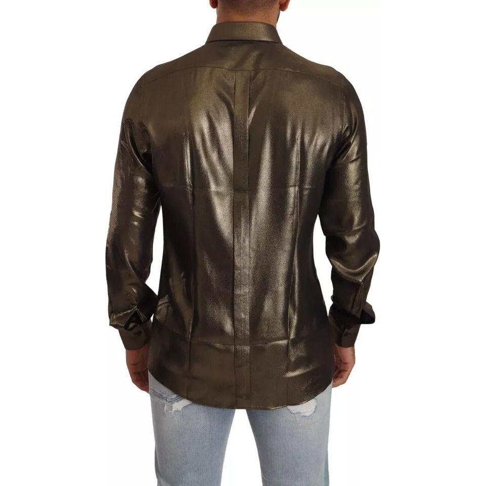 Dolce & Gabbana Metallic Gold DG Embroidered Crown Silk Top Shirt Dolce & Gabbana Dark Slate Gray