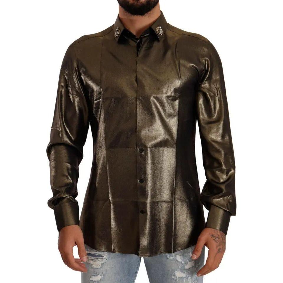 Dolce & Gabbana Metallic Gold DG Embroidered Crown Silk Top Shirt Dolce & Gabbana Dark Slate Gray