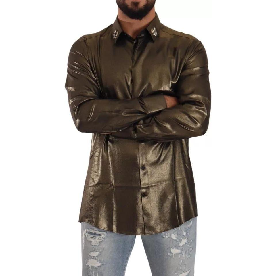 Dolce & Gabbana Metallic Gold DG Embroidered Crown Silk Top Shirt Dolce & Gabbana Dark Slate Gray