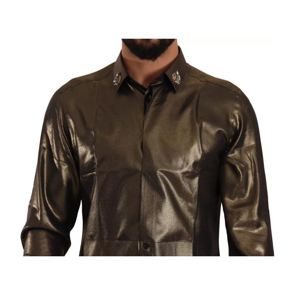 Dolce & Gabbana Metallic Gold DG Embroidered Crown Silk Top Shirt Dolce & Gabbana Dark Slate Gray