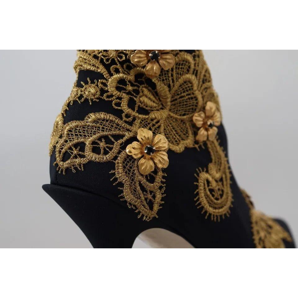 Dolce & Gabbana Black Gold Embroidery Slip On Boots Shoes Dolce & Gabbana