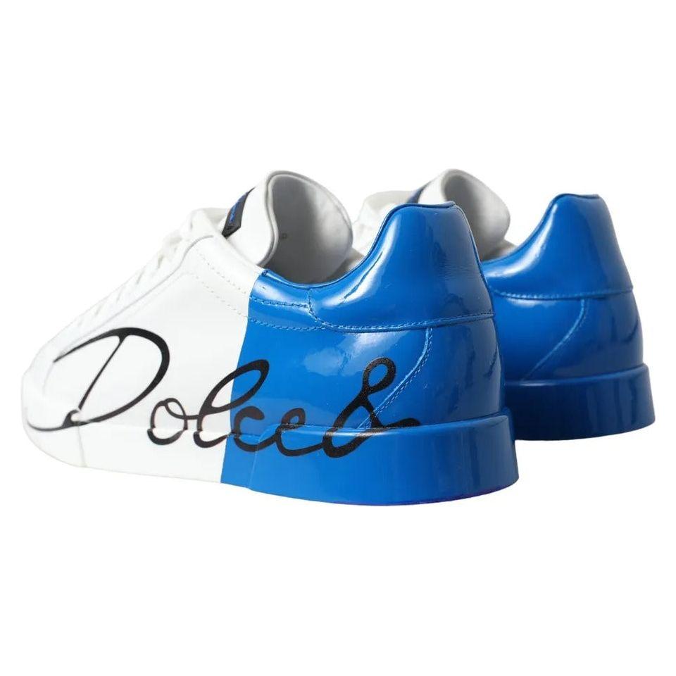 Dolce & Gabbana White Blue Leather Logo Low Top Sneakers Shoes Dolce & Gabbana