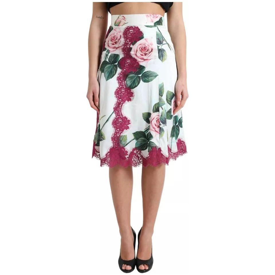 Dolce & Gabbana White Rose Print High Waist Midi A-line Skirt Dolce & Gabbana