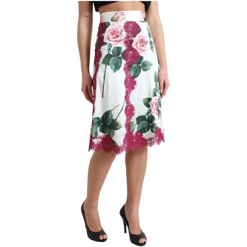 Dolce & Gabbana White Rose Print High Waist Midi A-line Skirt Dolce & Gabbana