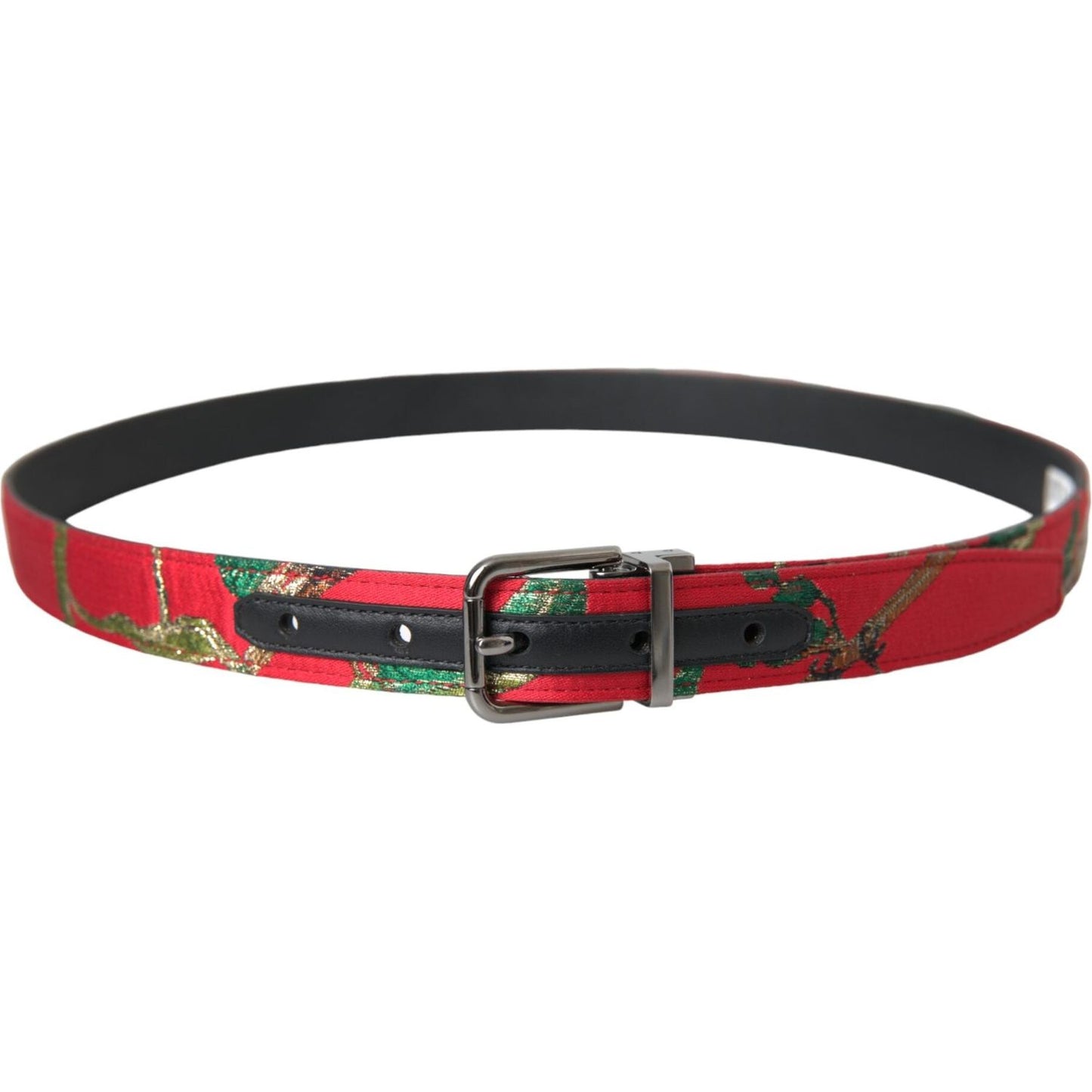 Dolce & Gabbana Red Leather Jacquard Silver Metal Buckle Belt Dolce & Gabbana