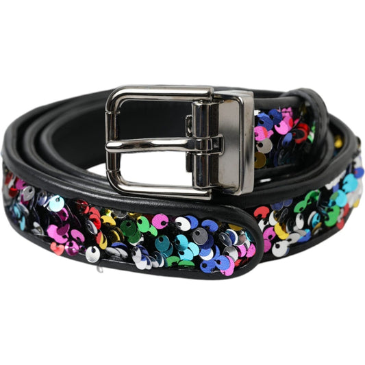 Dolce & Gabbana Black Sequined Silver Metal Buckle Women Belt Dolce & Gabbana