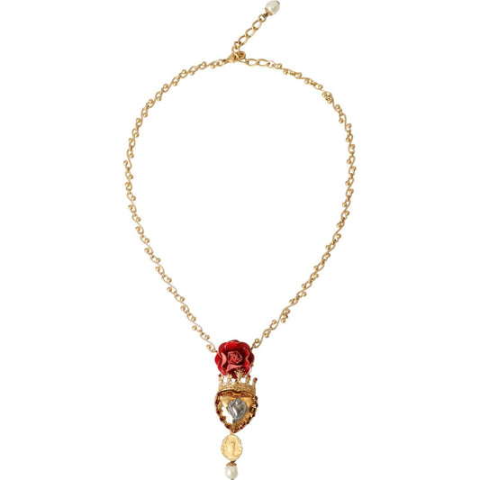 Dolce & Gabbana Gold BrassChain Sacred Heart Rose Crystal Charm Necklace Dolce & Gabbana