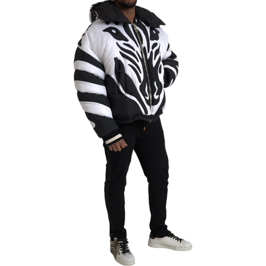 Dolce & Gabbana Black White Stripes Hooded Puffer Jacket Dolce & Gabbana