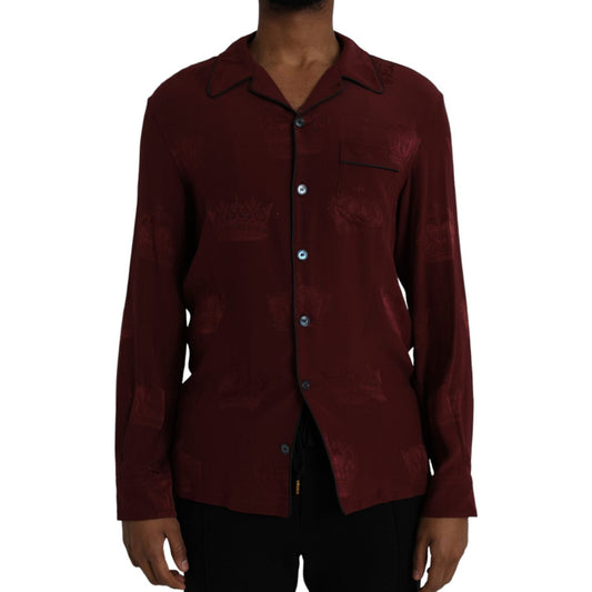 Dolce & Gabbana Maroon Crown Jacquard Silk Long Sleeve Shirt Dolce & Gabbana