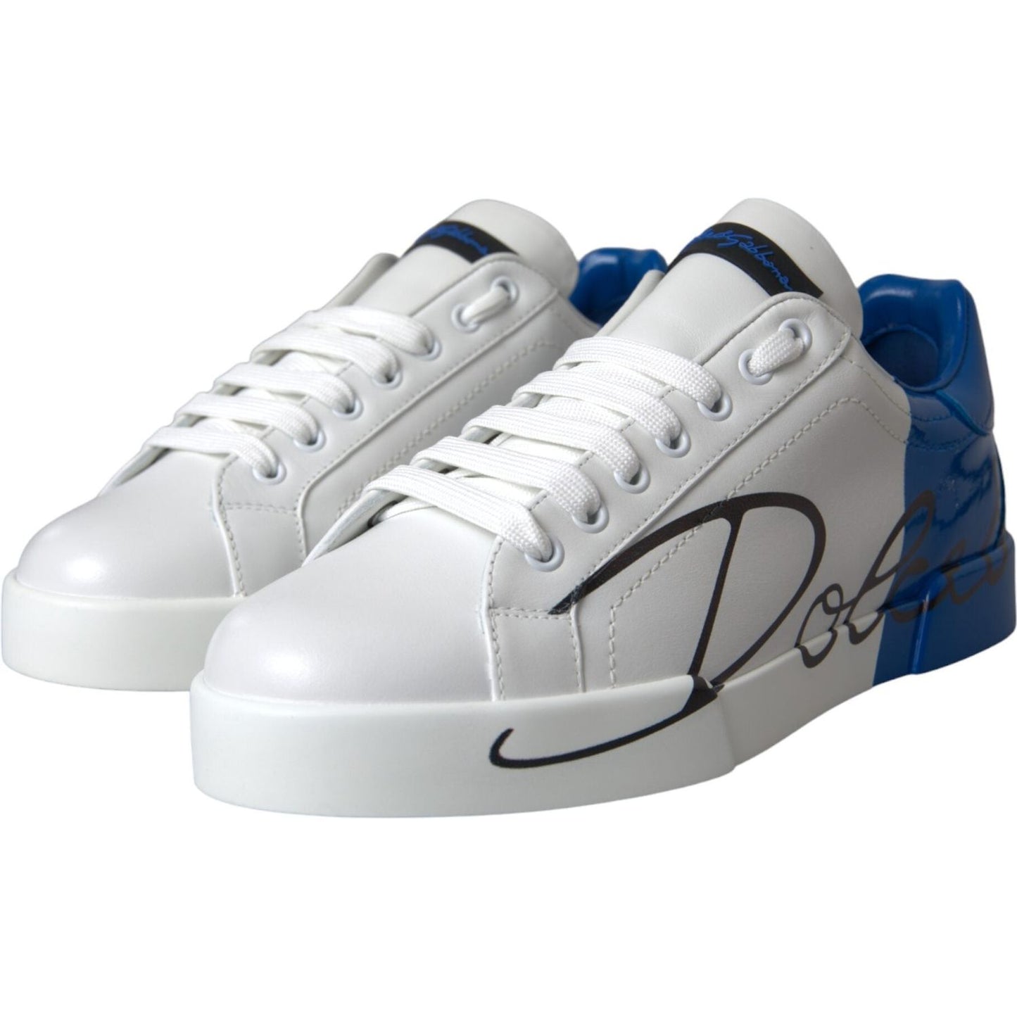 Dolce & Gabbana White Blue Leather Logo Low Top Sneakers Shoes Dolce & Gabbana