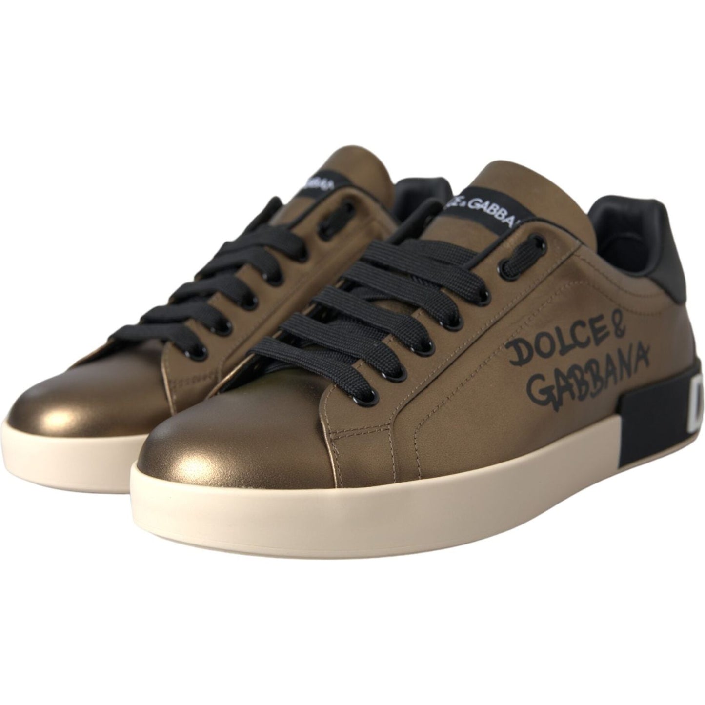 Dolce & Gabbana Gold Black Portofino Calf Leather Sneakers Shoes Dolce & Gabbana