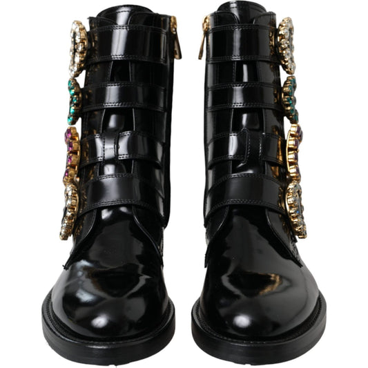 Dolce & Gabbana Black Leather Crystal Buckles Boots Shoes Dolce & Gabbana