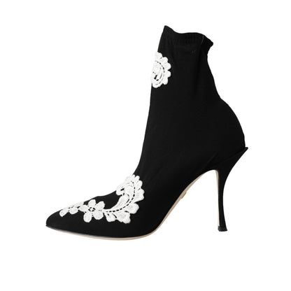 Dolce & Gabbana Black White Embroidery Slip On Boots Shoes