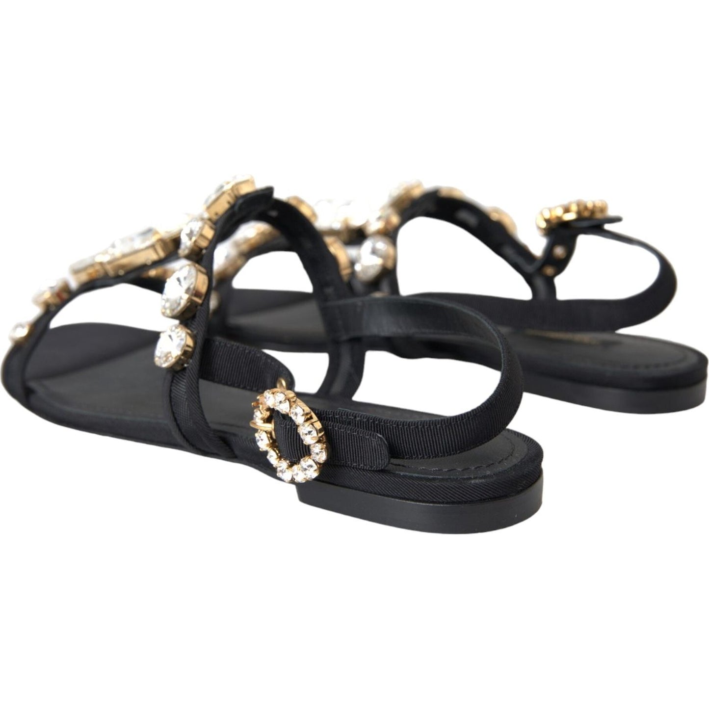 Dolce & Gabbana Black Leather Crystal Flats Sandals Shoes Dolce & Gabbana