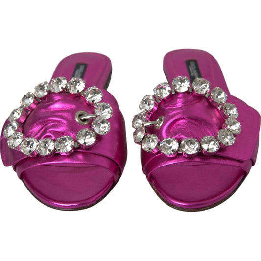 Dolce & Gabbana Fuchsia Crystal Leather Flats Sandals Shoes Dolce & Gabbana