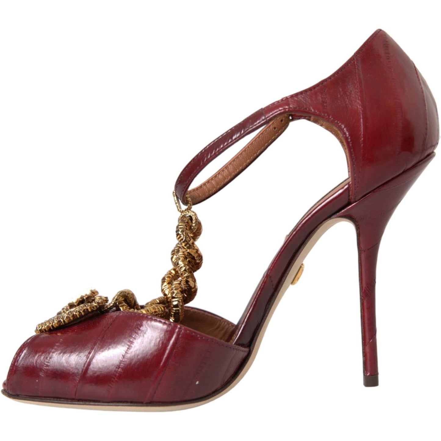 Dolce & Gabbana Dark Red Leather Gold Devotion Heart Sandals Shoes Dolce & Gabbana