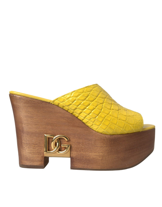 Dolce & Gabbana Yellow Leather Wood Mule Wedge Slides Shoes Dolce & Gabbana