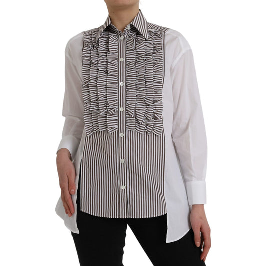 Dolce & Gabbana White Stripes Cotton Long Sleeves Ruffle Collar Top