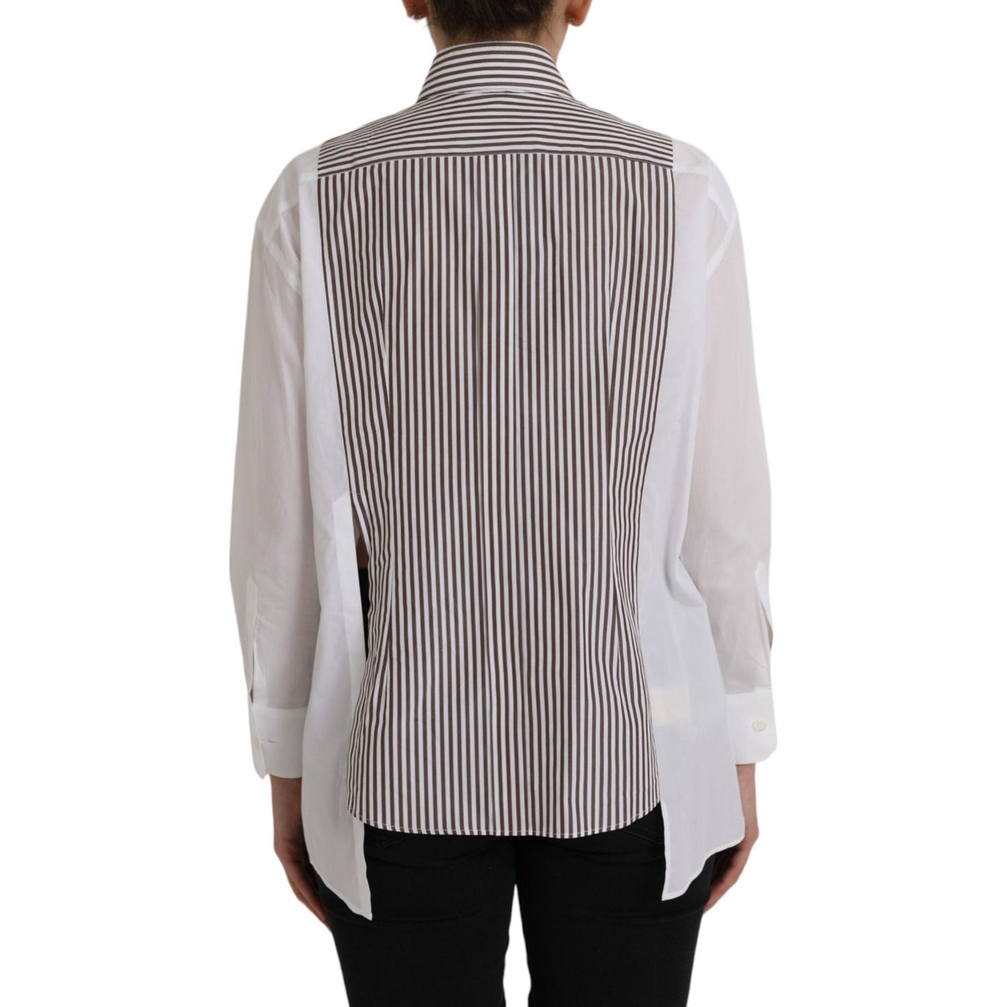 Dolce & Gabbana White Stripes Cotton Long Sleeves Ruffle Collar Top Dolce & Gabbana