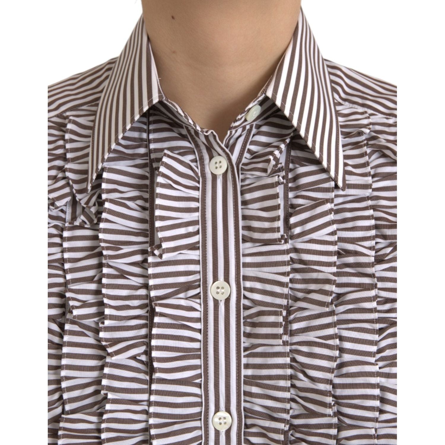 Dolce & Gabbana White Stripes Cotton Long Sleeves Ruffle Collar Top