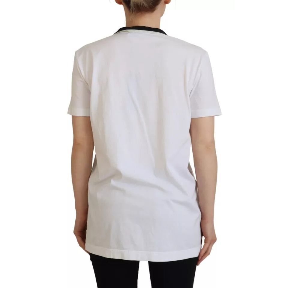 Dolce & Gabbana White Cotton Printed Ascot Collared T-shirt