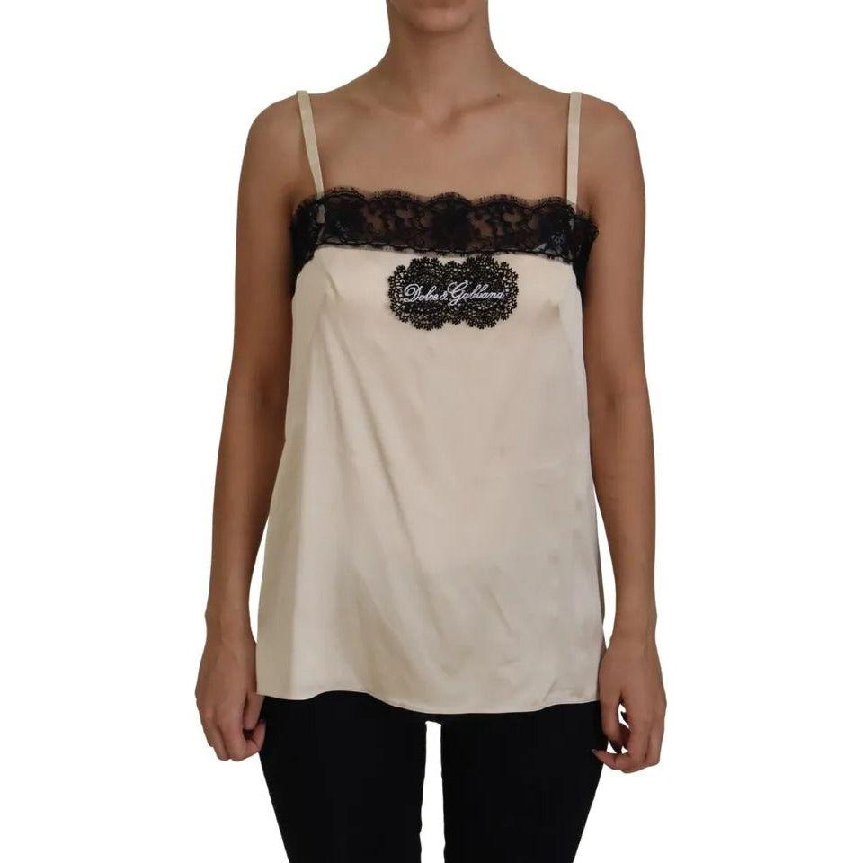 Dolce & Gabbana Beige Lace Spaghetti Logo Embroidery Top Dolce & Gabbana