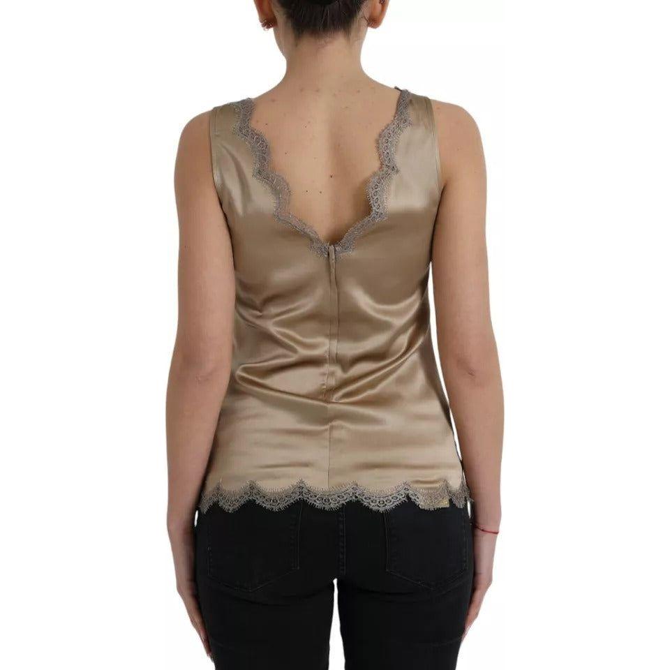 Dolce & Gabbana Brown Lace Trim V-neck Sleeveless Tank Top Dolce & Gabbana