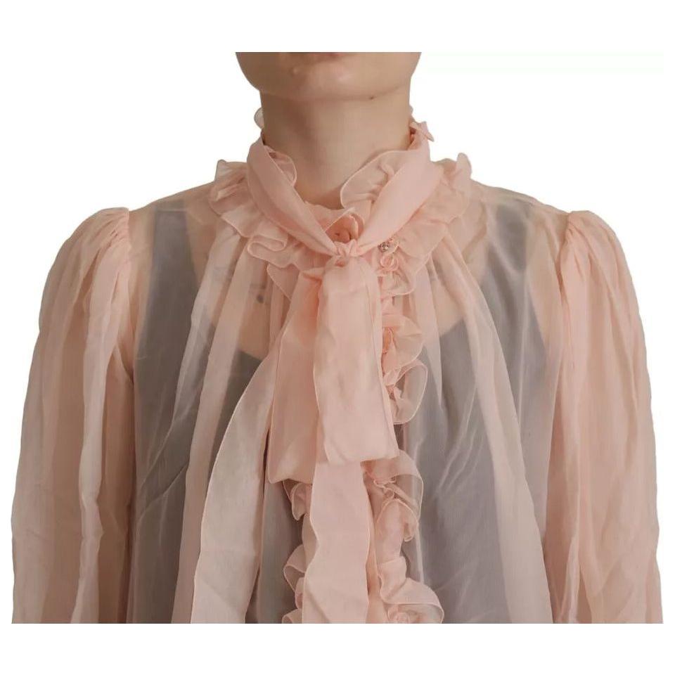 Dolce & Gabbana Light Pink Silk Ascot Collar Long Sleeves Top Dolce & Gabbana