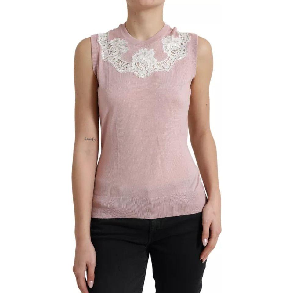 Dolce & Gabbana Pink Cashmere Lace Trim Sleeveless Tank Top Dolce & Gabbana