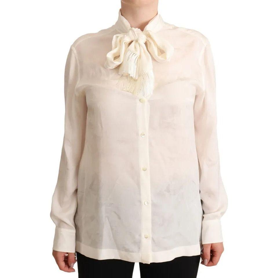 Dolce & Gabbana White Blouse Ascot Collar Shirt Silk Button Top Dolce & Gabbana