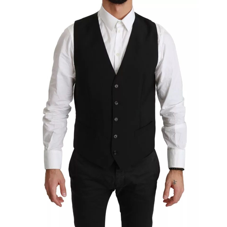 Dolce & Gabbana Black Stretch Waistcoat Formal Dress Wool Vest