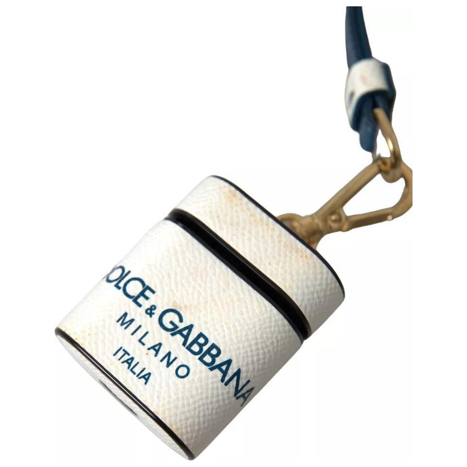 Dolce & Gabbana White Blue Calf Leather Logo Print Strap Airpods Case Dolce & Gabbana