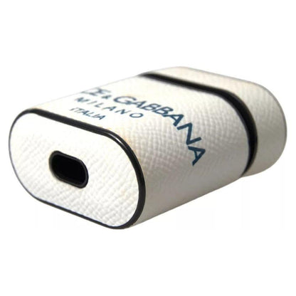 Dolce & Gabbana White Blue Calf Leather Logo Print Strap Airpods Case