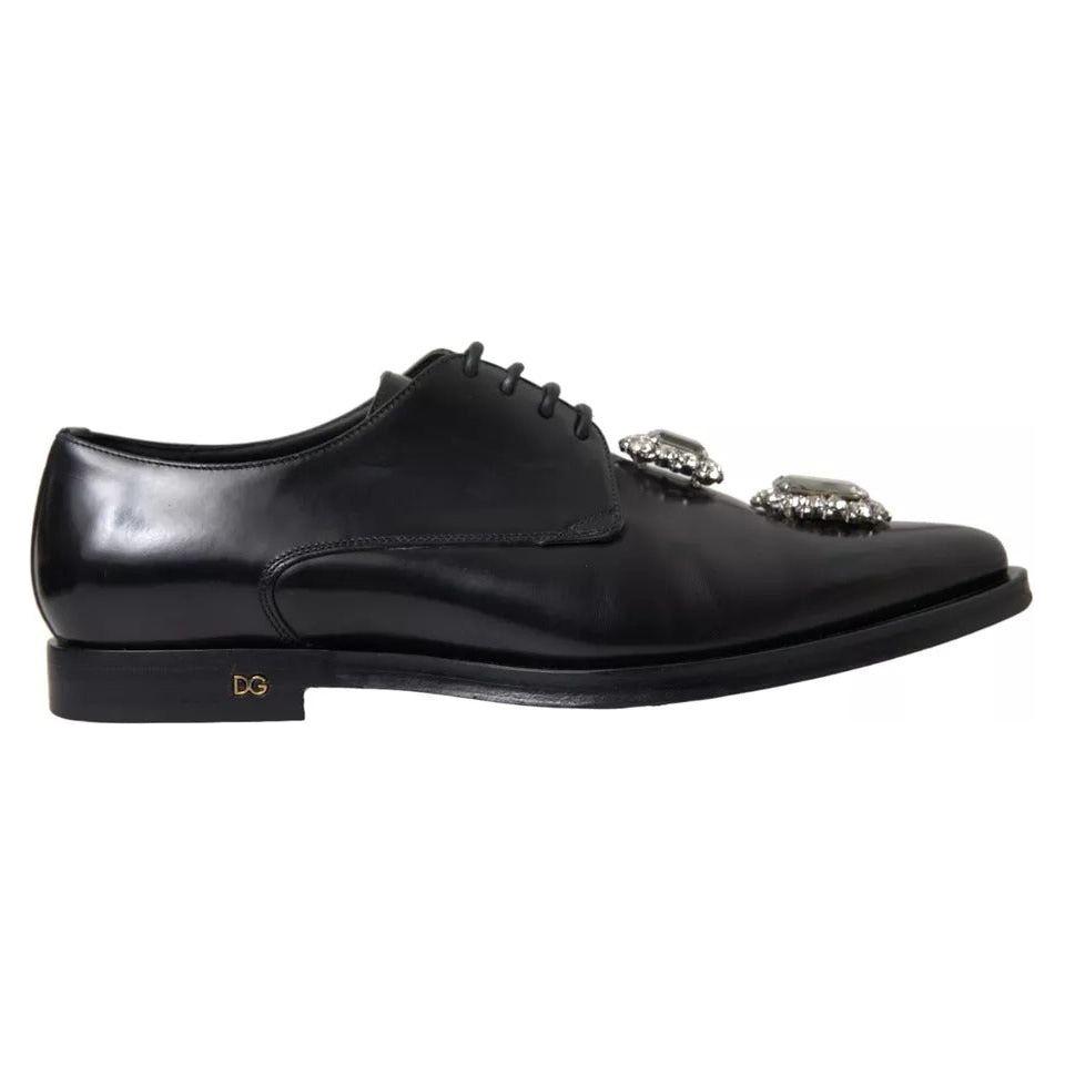 Dolce & Gabbana Black Leather Crystal Lace Up Formal Shoes Dolce & Gabbana