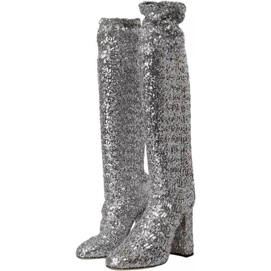 Dolce & Gabbana Silver Sequined High Boots Stretch Shoes Dolce & Gabbana